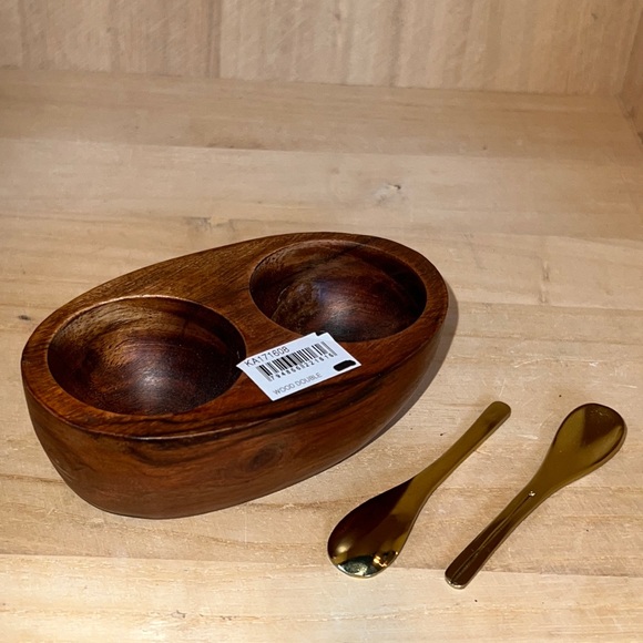 Karma acacia wood double pinch bowl with brass spoons - NWT - Picture 6 of 16
